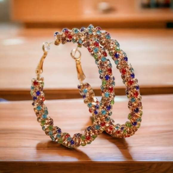 Rhinestone Multi-Color Decor Hoop Earrings - Picture 2 of 10